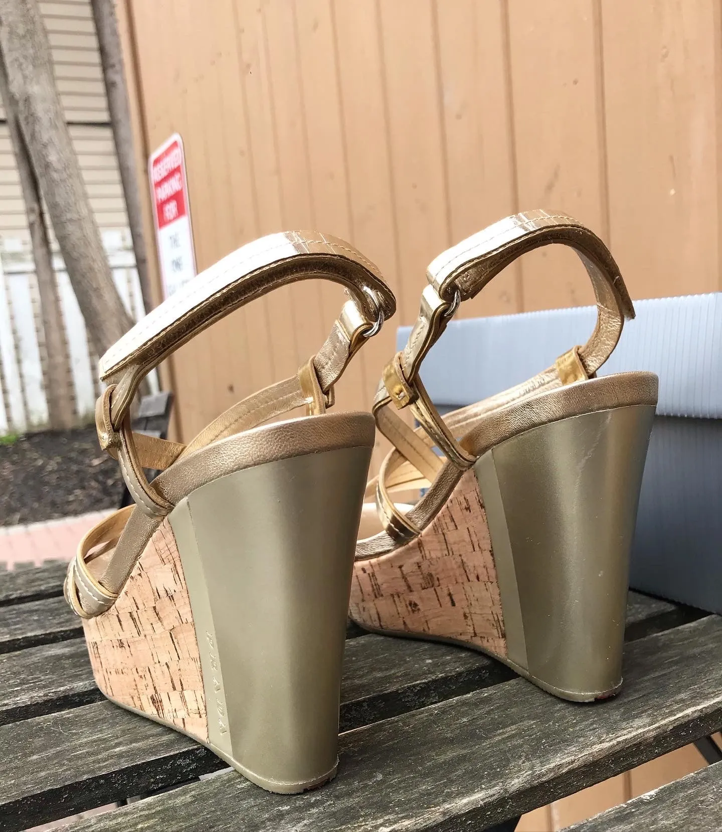 PRADA Patent Leather Cork Platform Wedge Sandals